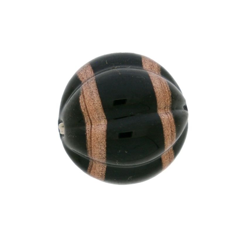 [750760200] Perle de verre Ø20mm couleur noir avec des bandes décoratives. Avec trou passant.