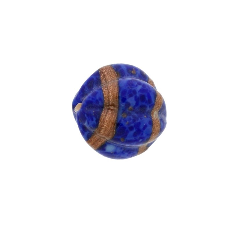 Glass bead Ø16mm with decorative bands. Lapis lazuli colour. With two holes.