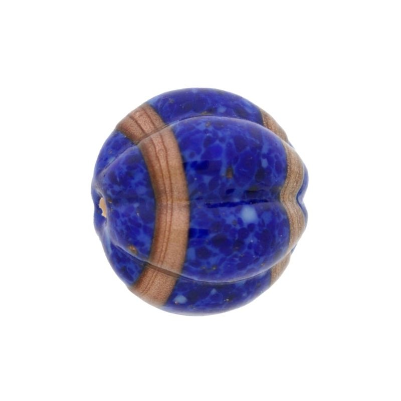 Glass bead Ø20mm lapis lazuli colour with decorative band gold tone. With two holes.
