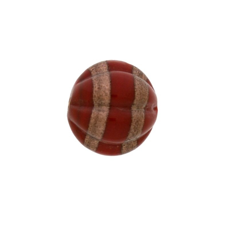 Glass bead Ø16mm ruby colour with decorative band gold tone. With two holes.