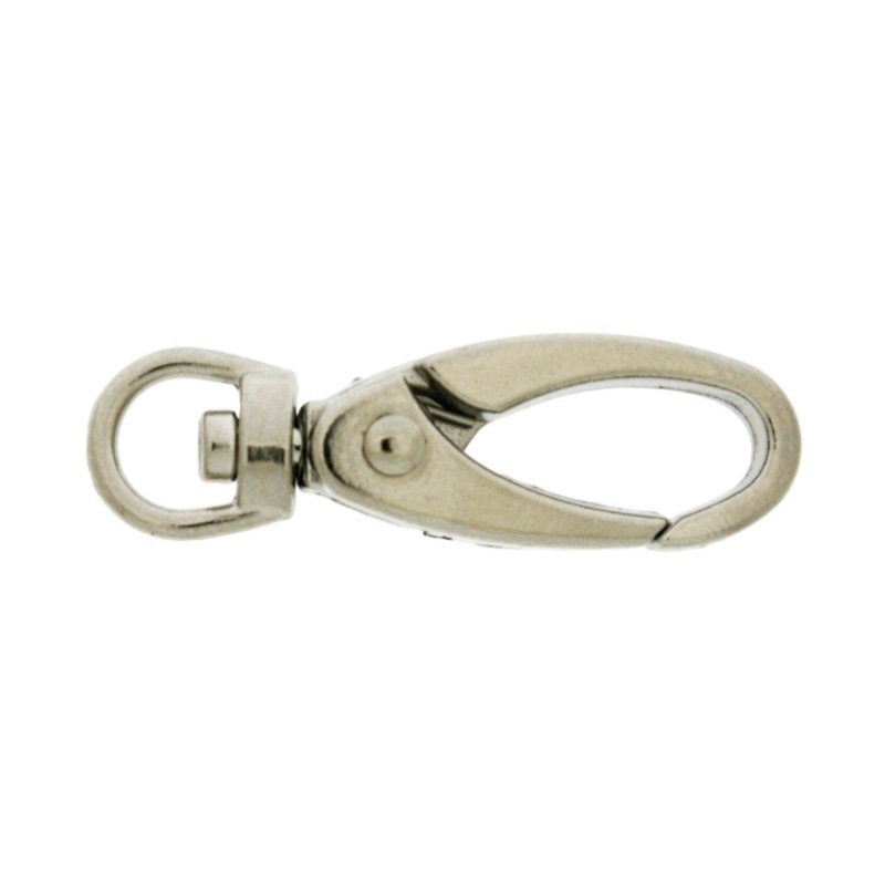 Mosquetón de zamak 37,4x11,5mm niquelado para bolso. Anilla con paso para cinta ancho 6 mm.