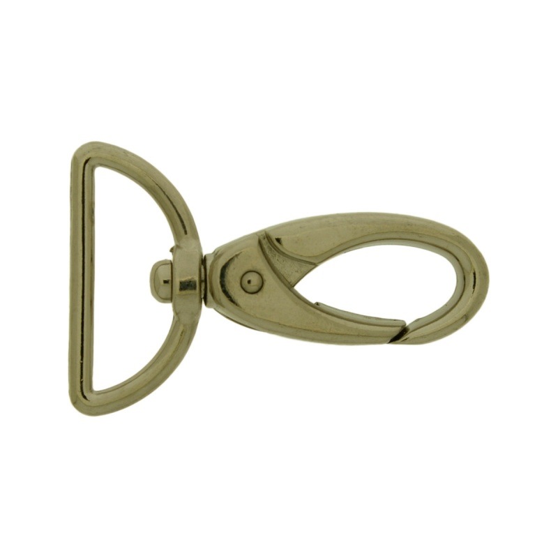 Nickel plated zamak lobster clasp for bag with gap width 25mm to ribbon.