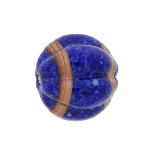 [750760300] Glass bead Ø20mm lapis lazuli colour with decorative band gold tone. With two holes.