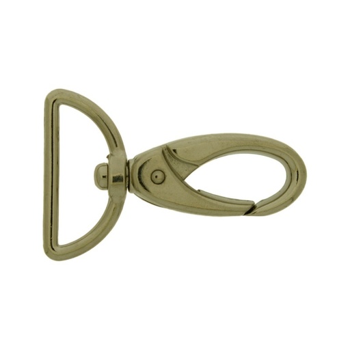 [640472500] Nickel plated zamak lobster clasp for bag with gap width 25mm to ribbon.